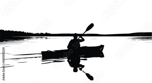 Lone kayaker paddles across calm water at sunrise, casting a silhouette reflection.