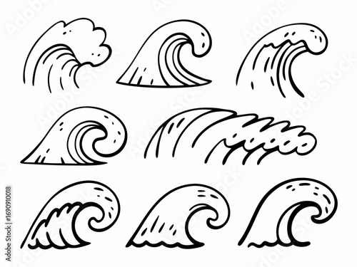 Waves lineart handdrawn icon minimalist set