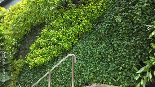 A lush vertical garden with vibrant greenery and a modern staircase offers a blend of natural beauty and contemporary design elements