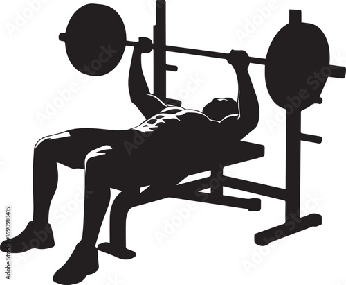 Silhouette of a fitness athlete performing bench press exercise with barbell on weight rack