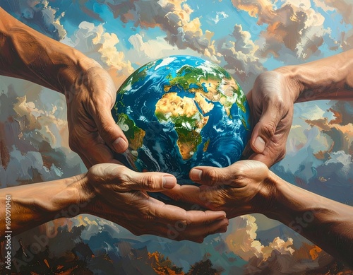Multiple hands unite to gently cradle the Earth, symbolizing global unity, environmental stewardship, and a hopeful vision for our planet's future