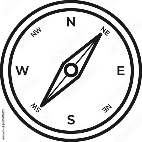 Minimalist line art illustration of a navigational compass tool. A simple black and white icon representing direction, adventure, exploration, and guidance on a journey