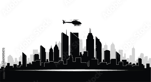 Sleek helicopter soars above a dramatic city skyline silhouette at daybreak.