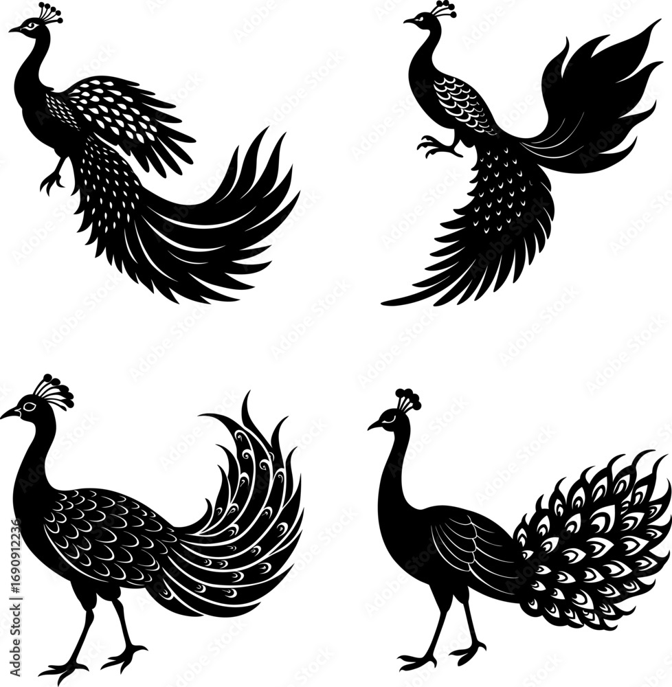 Naklejka premium peacock silhouette vector, Black silhouette of peacock vector bundle logo illustration set, peacock head art, peacock vector illustration