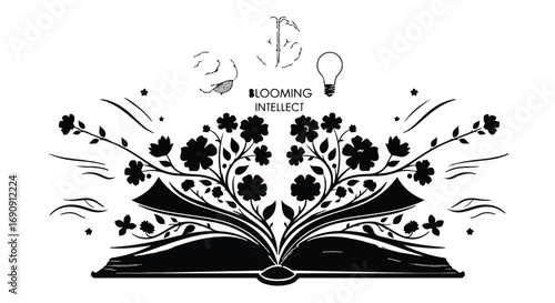 Knowledge blossoms from an open book, symbolizing intellectual growth and new ideas.