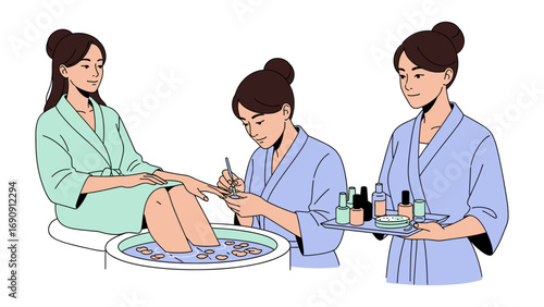 Illustration of three women in a spa setting receiving and giving beauty treatments including a manicure and pedicure with nail polish and spa products