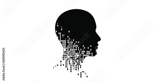 Abstract digital silhouette of a human head dissolving into data points, representing artificial intelligence and information
