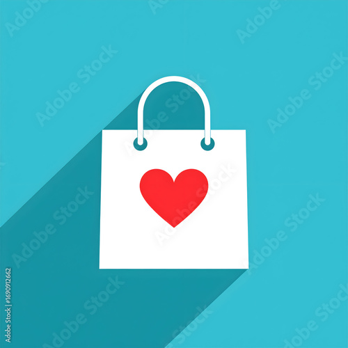 Flat design shopping bag with a red heart, representing customer care, favorite items, love for shopping, and consumer satisfaction