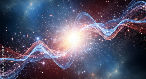 Abstract science concept of quantum energy waves and particle flow from a singularity event in deep space