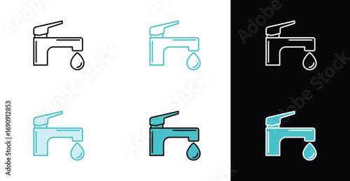 Water faucet with dripping drop line icon set