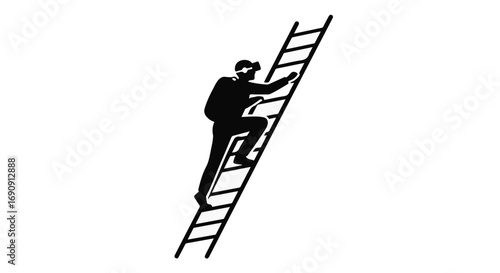 Silhouette of a person climbing a ladder towards an unseen goal, symbolizing ambition and progress.