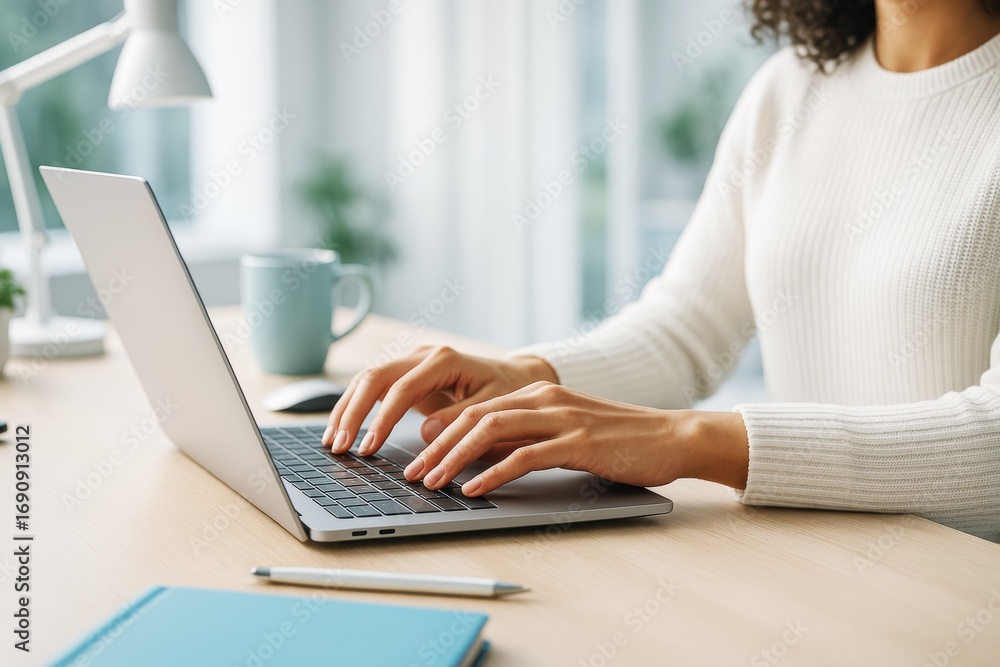 Fototapeta premium Woman working on laptop in bright modern office setting with soft natural light in background, representing business and technology concept.