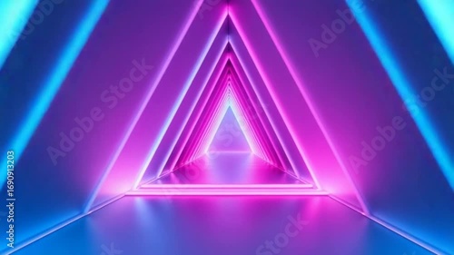 abstract neon background, flying forward through triangular corridor, tunnel, appearing glowing pink blue shapes, ultraviolet spectrum