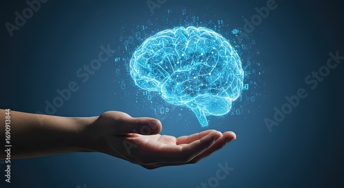 Human hand supporting a glowing digital brain, symbolizing advanced artificial intelligence, innovation, and the future of technology and human intellect