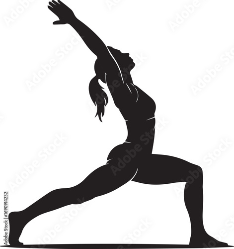 Dynamic silhouette of a fit woman performing a warrior i yoga pose strength flexibility