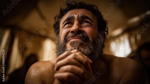 Esau crying in anguish before Isaac after Jacob’s deception, tent interior dimly lit by oil lamps, Isaac seated with sorrowful face, Esau kneeling, fists clenched, raw grief echoing in silence.