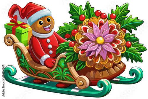 Cartoon gingerbread man in Santa suit riding a sleigh with Christmas decorations