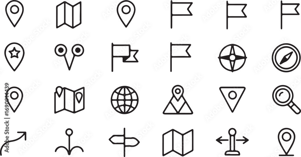 Fototapeta premium Map and Location Icons Set Black Silhouette on Transparent Background Vector Illustration
