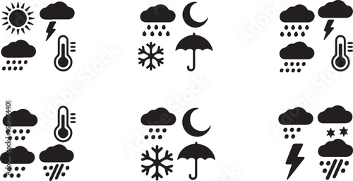 Weather Forecast Icons Set Black Silhouette on Transparent Background Vector Illustration