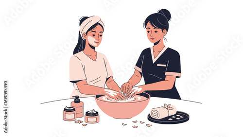 Young woman receiving a relaxing hand massage and manicure treatment from a professional spa technician in a clean and bright beauty salon setting