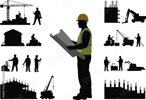 Construction engineer with blueprint silhouette, full black illustration, workers, cranes, heavy machinery, building site industry design, contractor, teamwork, safety helmet, architect