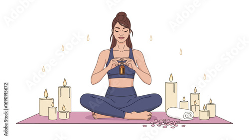 Young woman in yoga pose meditating peacefully surrounded by candles and aromatherapy bottles on a mat for wellness and relaxation