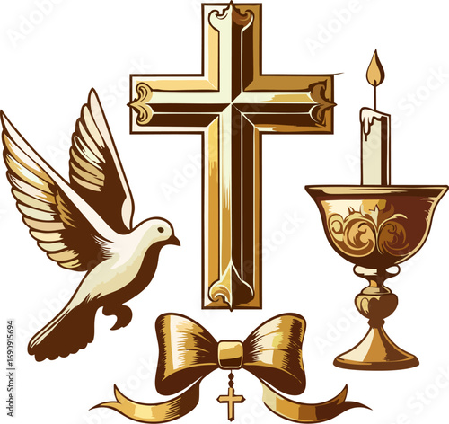 Ornate Gold Catholic Symbols – Cross, Chalice, Dove, Candle, Bow Vector Illustration