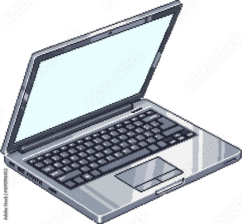 A pixelated illustration of a laptop computer, open and ready for use.