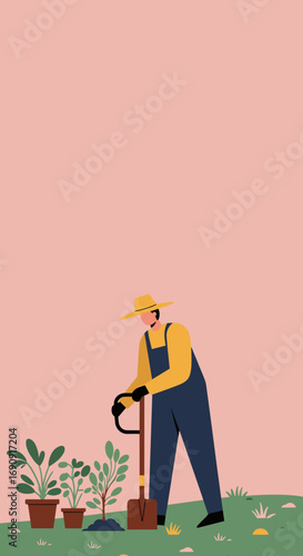 Dedicated gardener planting a young tree with a shovel, surrounded by potted plants. Symbolizes sustainable living, growth, and outdoor hobbies. Ideal for lifestyle and environmental themes.