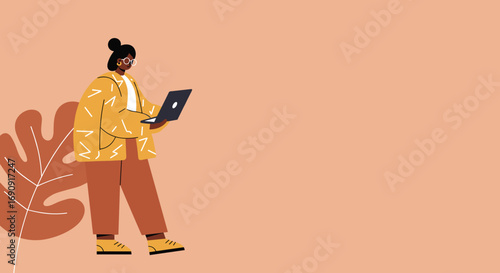 Modern illustration of a woman working remotely on a laptop, representing productivity, freelance work, and digital lifestyle. Plenty of copy space.