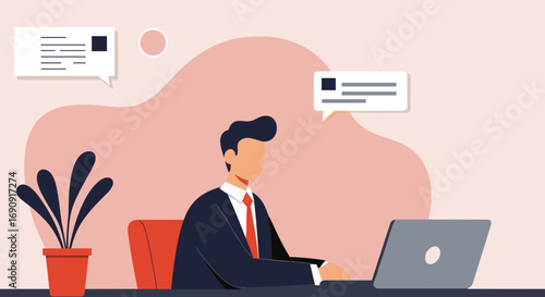 Professional businessman working on a laptop, engaged in online communication or virtual meetings from an office or home setting. Ideal for business, technology, or remote work concepts.