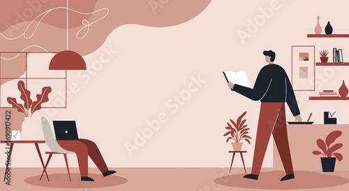 People working remotely on a laptop and reading a book in a stylish, minimalist home environment. Represents modern productivity and relaxed lifestyle.