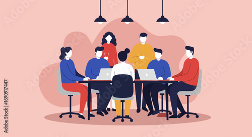 A diverse team of professionals collaborates in a modern office, fostering discussion and productivity. Ideal for business, technology, and corporate themes.