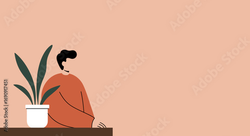 Minimalist illustration of a person at a desk with a potted plant, representing a calm work-from-home or relaxed lifestyle. Ideal for business and digital content.
