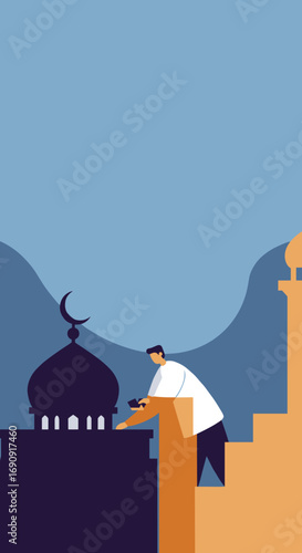 Muslim man engaged in prayer or religious study near a mosque, blending tradition with modern elements. Ideal for faith, culture, or technology themes.