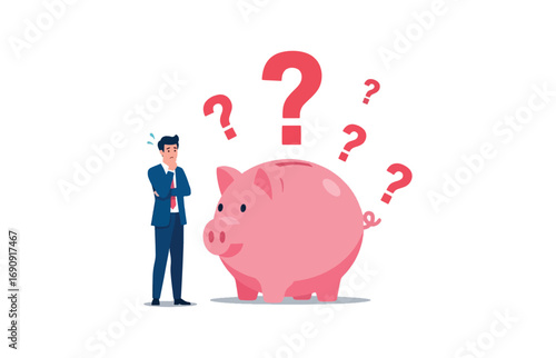 Confused businessman pondering piggy bank and question marks financial uncertainty concept