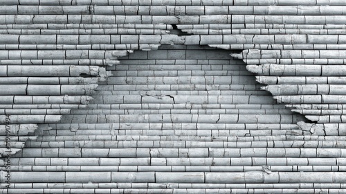 Weathered white brick wall with a large crack