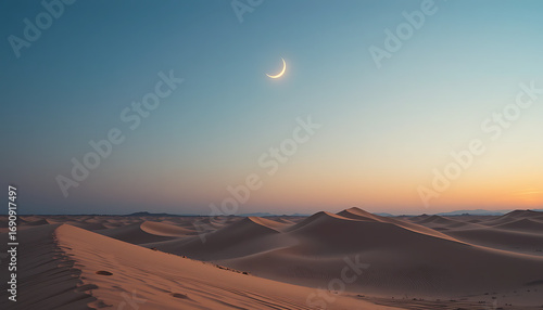 Serene desert landscape at dusk with a crescent moon in the sky, capturing the tranquility and vastness of nature, perfect for travel and spiritual themes, evoking a sense of wonder