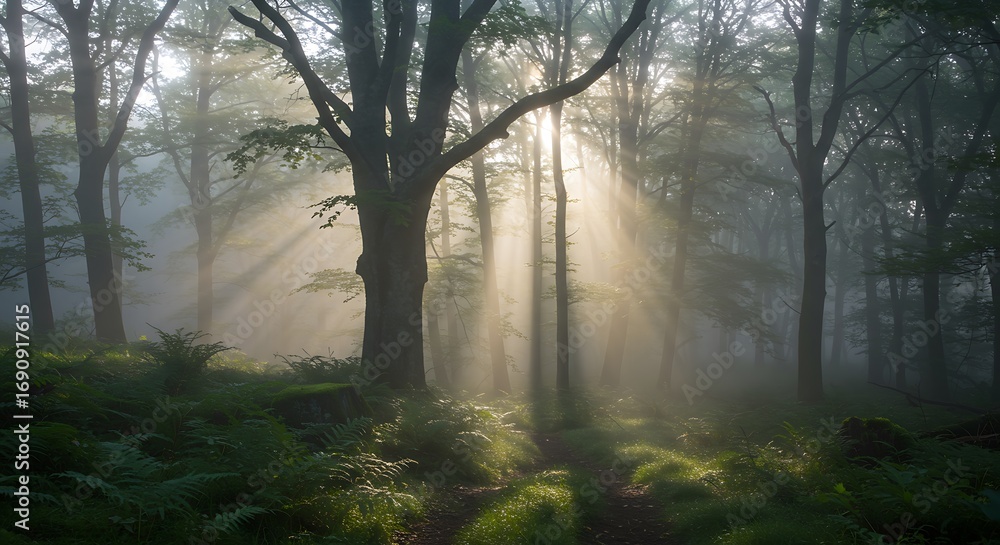 Obraz premium Ethereal morning light filters through a foggy forest, casting dramatic sun rays onto the vibrant green ferns and trees, creating a serene and mystical woodland scene.