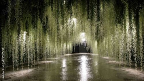 Lush greenery hangs in a dark tunnel