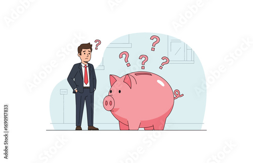 Confused businessman looks at pink piggy bank with question marks overhead financial uncertainty
