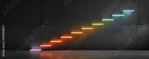 Neon stairs ascending a dark wall