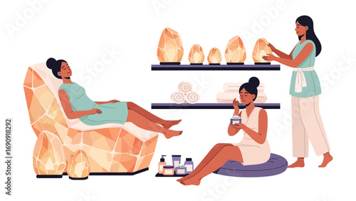 Relaxed woman receiving a spa treatment with himalayan salt lamp glowing in the background while a therapist attends to her needs
