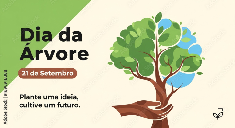 Um pôster celebrando o Dia da Árvore com uma árvore, mão, folhas e ilustração com texto sobre um fundo claro.