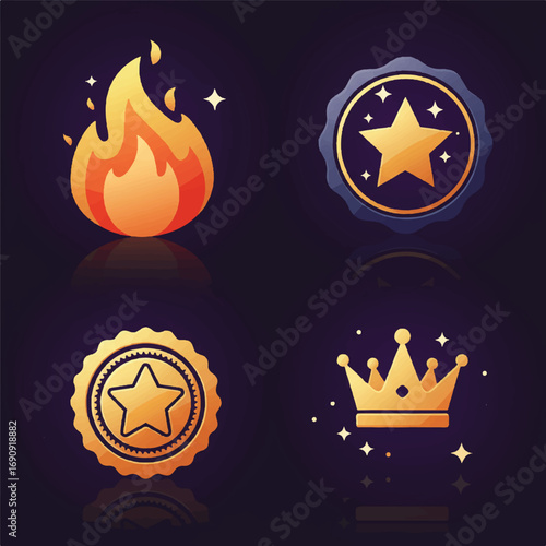 Stylized Flat Vector Influencer & Brand Achievement Icons: Creator, Sponsor, Crown – Premium Recognition Elements