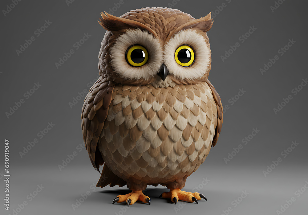 Obraz premium A charming owl with big eyes on gray background.
