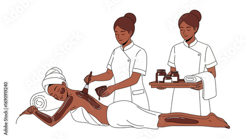 Two spa therapists in white uniforms providing a relaxing massage and aromatherapy treatment to a client lying down with a towel wrapped around their head