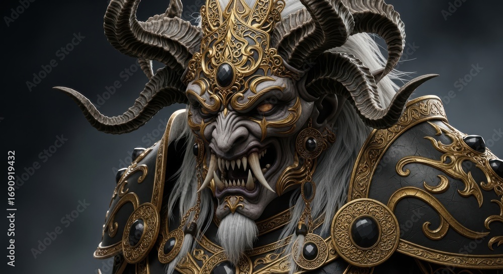 Fototapeta premium Powerful Demonic Warrior with Majestic Golden Armor and Fierce Horns