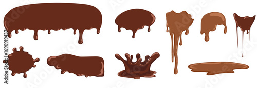Chocolate splash and drip set with drops, stains and flowing liquid shapes. Vector hand drawn illustration for dessert design, packaging, sweets decoration and cafe branding