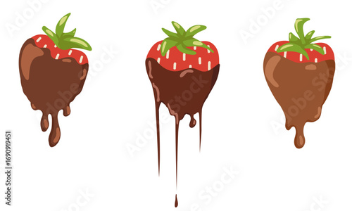 Strawberries dipped in melted chocolate with dripping drops and flowing glaze. Vector hand drawn illustration for sweet dessert design, cafe menu, packaging, confectionery branding, stickers